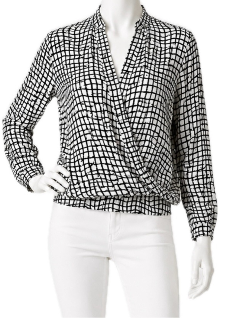 👚🏢 PLEIONE Geometric Faux Wrap Blouse | Black & White | Minimalist Chic | Sz M